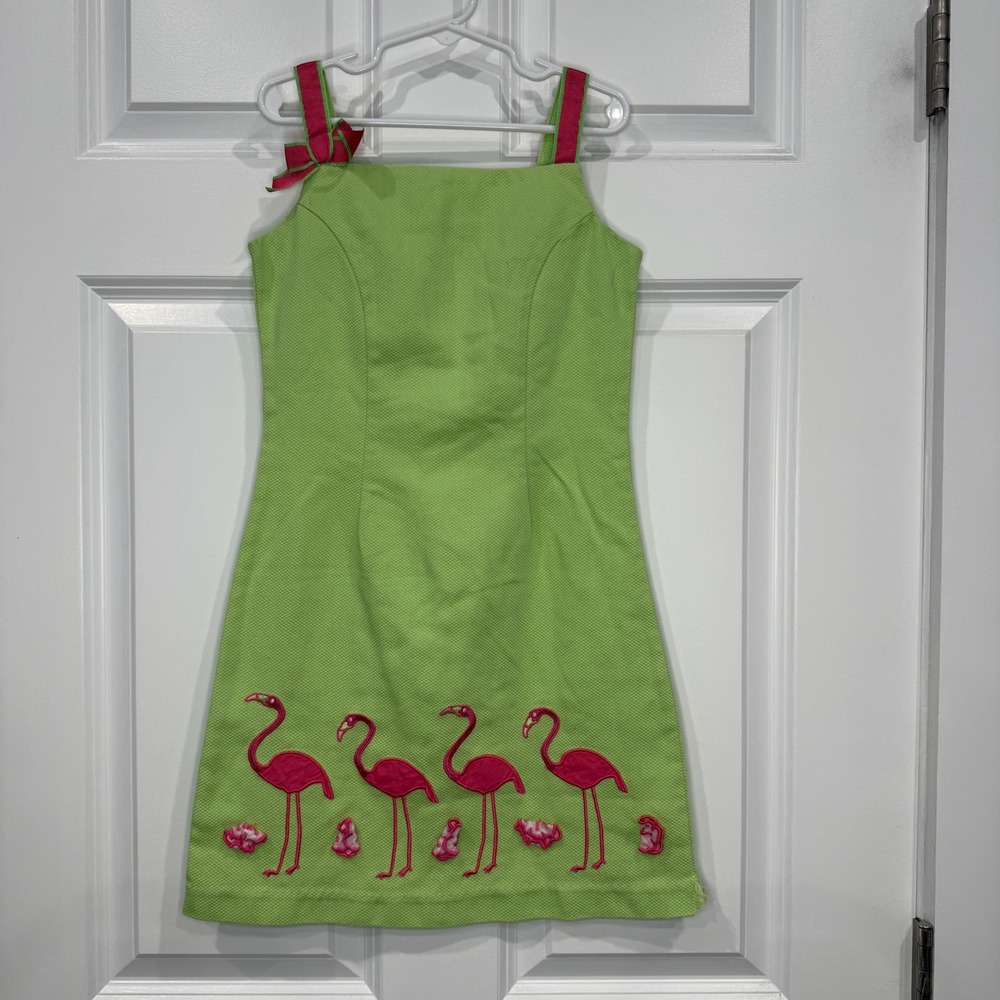 Girl Connection Lime Green Flamingo Embroidered Dress Girls Size 8